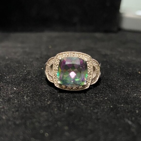 Ring Size 6 Mystic Topaz 5 Carats 10mm x 10mm 30 CZ 1mm x 1mm Sterling Silver St - Picture 1 of 5
